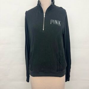 Victoria’s Secret PINK Black graphic Quarter-Zip Pullover Sweater Large